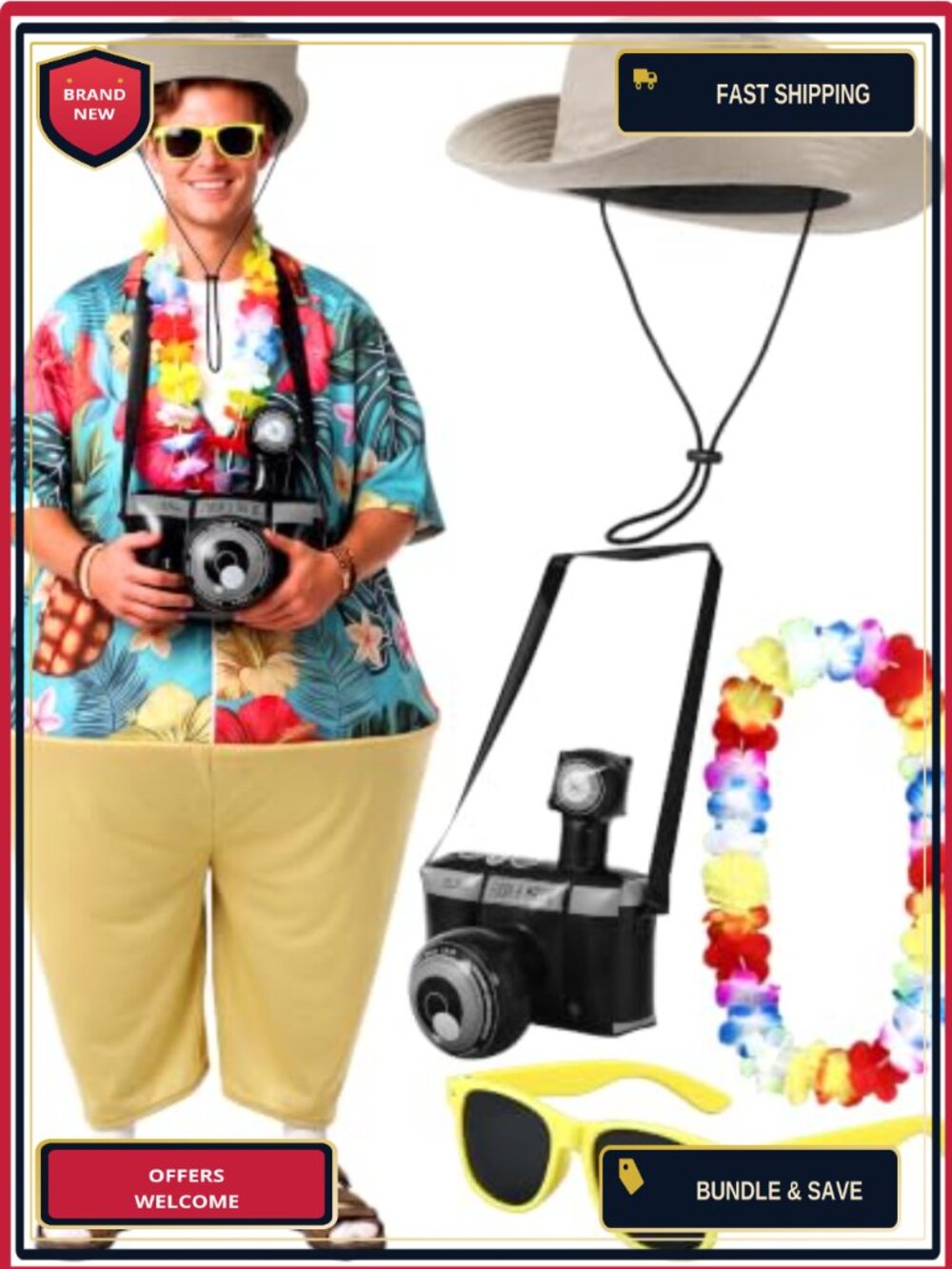 Adult Tacky Tourist Halloween Costume Set 6 Pc Inflatable Camera Hat